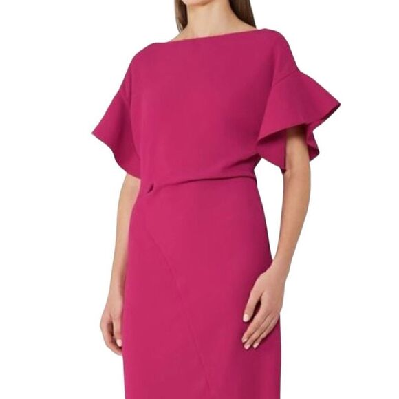 Reiss Manila Fuchsia Pink Knee Length Ruffle Sleeve Dress Size 8 - Picture 2 of 9